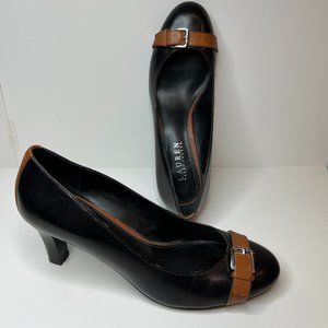 Lauren Ralph Lauren Saffron Leather Round Toe Classic Pump Black/Brown Size 8B